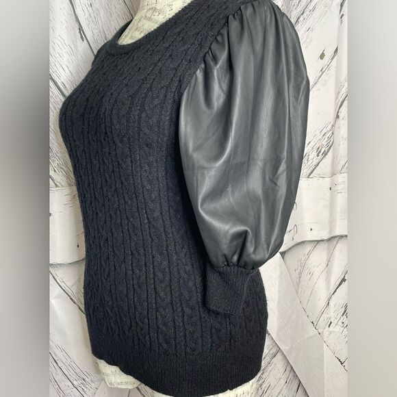 Tahari Faux Leather Puff Sleeve Sweater Black Cable Knit M - Picture 3 of 8